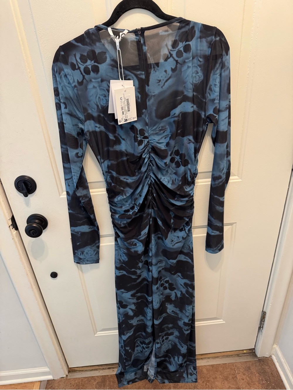 Ganni Blue & Black Ruched Long-Sleeve Marble Midi Dress